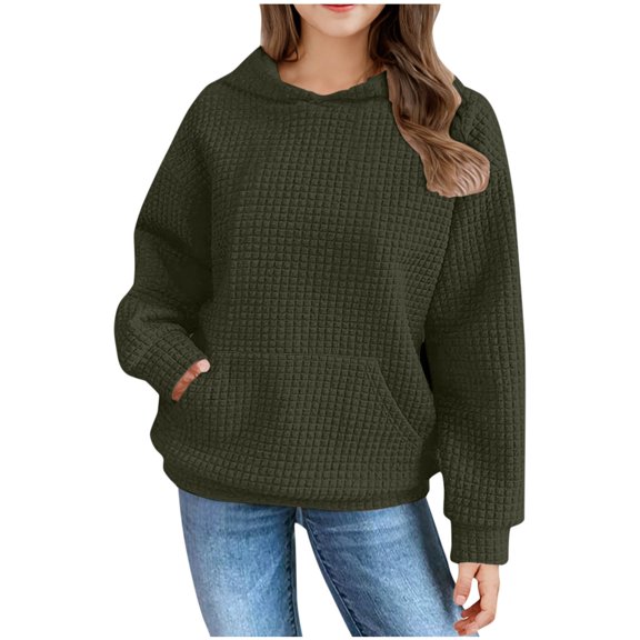 Jinhomg Hoodies for Teen Girls Trendy Oversize Waffle Long Sleeve Hoody Sweatshirts with Pocket Casual Loose Cute Pullover Tops Army Green,13-14 Years