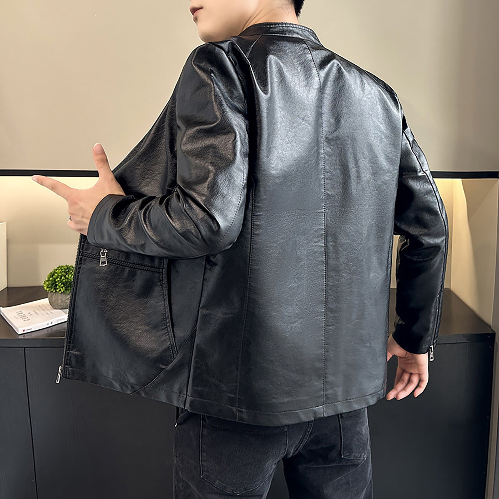 Maoxin Men's Jacket Men's Stand Up Collar Business Casual Leather Jacket Zipper Cardigan Jacket Plus Size Leather Jackets for Men Black 4XL