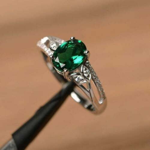 2Ct Oval Cut Lab Created Green Emerald Women's Wedding Promise Ring 14K White Gold Plated