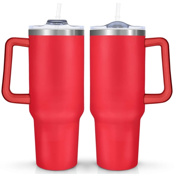 40oz Tumbler with Handle & Straw, Bold Red Insulated Stainless Steel Travel Mug, Leakproof Lid, Fits Car Cup Holder for Gym, Office