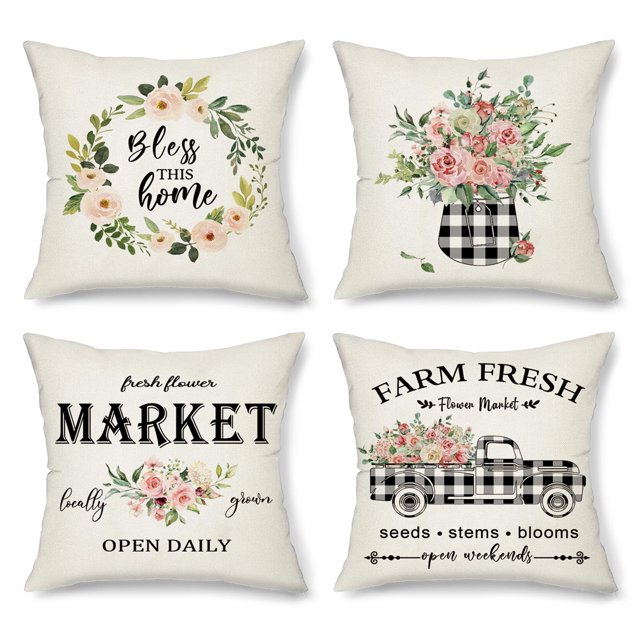 Juego de fundas de almohada de primavera de 4 fundas de almohada felices del mercado de flores decoración de primavera