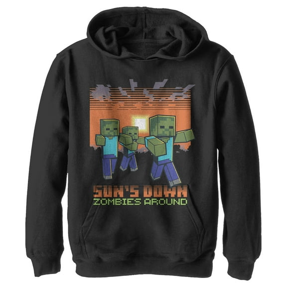 Boy's Minecraft Sun's Down Zombies Around  Pull Over Hoodie Black X Large