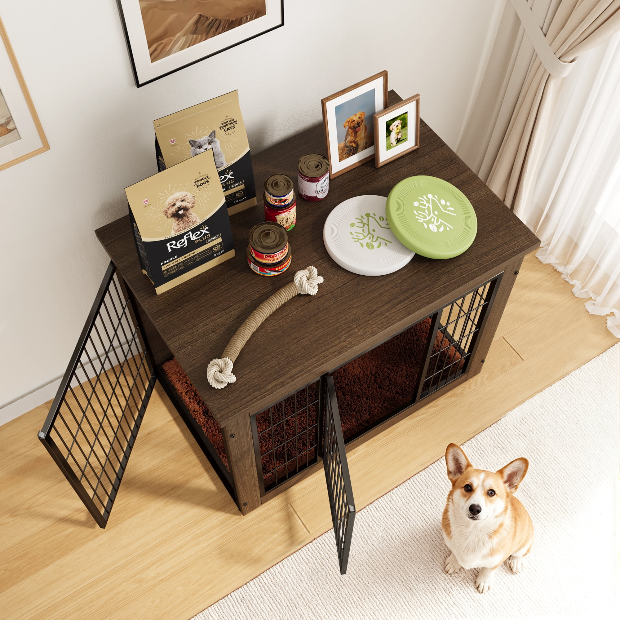 Furmax Heavy-Duty Wooden Dog Crate 2-Door Furniture Style Kennel with Chew-Proof Design & Removable Cushion, End Table for Small, Medium, Large Dogs