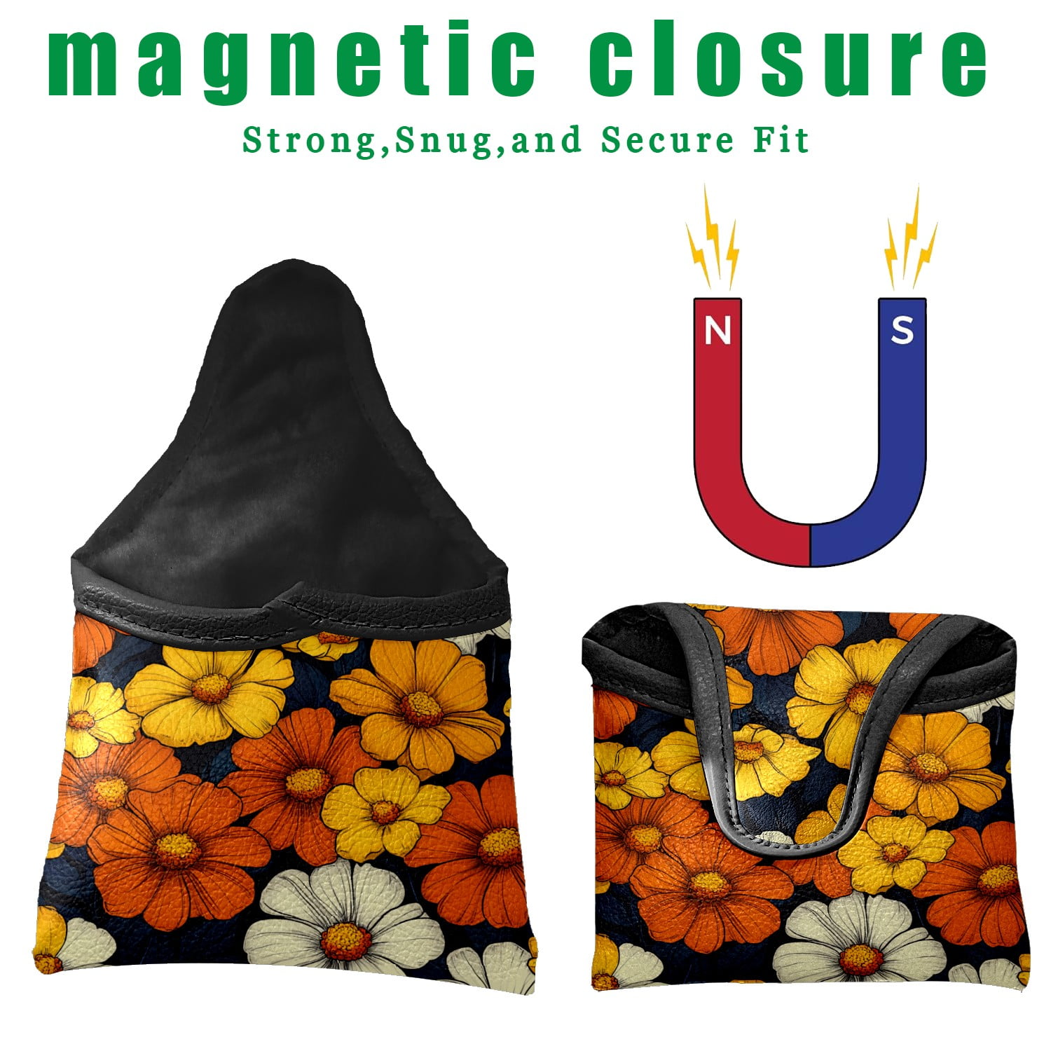 Golf Mallet Putter Cover Premium Leather Waterproof Golf Putter Head Cover with Magnetic Closure Orange Yellow Flowers