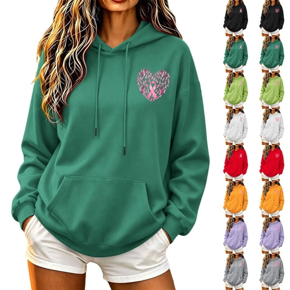KICILVS Breast Cancer Awareness Hoodie for Women Pink Ribbon Heart Graphic Pullover with Pocket Support Sweatshirt for Daily Wear