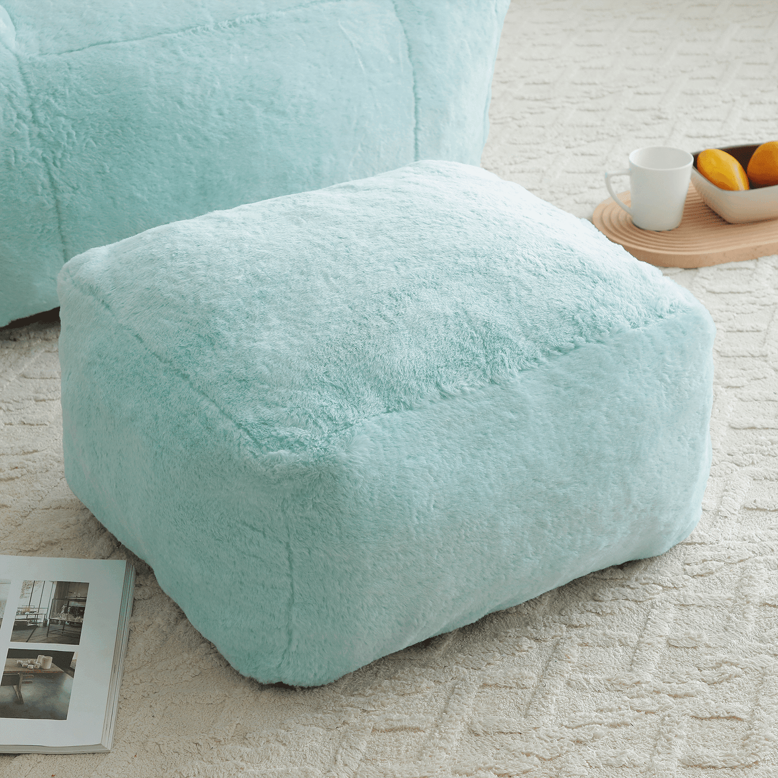 Lovableguy Oversized Bean Bag Chair for Adults and Kids,Shell-Shaped Fluffy Faux Fur Lazy Floor Sofa with Foot Stool for Living Room,Dorm,Light Blue