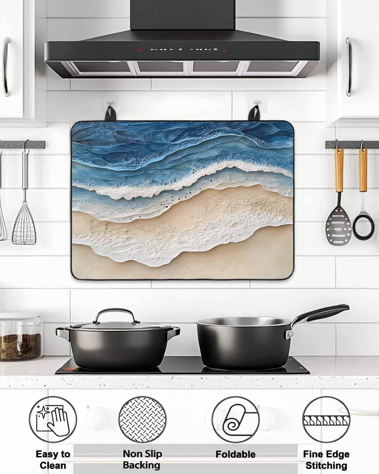 Stove Top Covers for Electric Stove, Blue Beach Coastal Glass Stovetop Cover Protector, Nautical Seaside Ocean Beige Induction Cooktop Protector Oven Mat for Kitchen Countertop 24"x21"