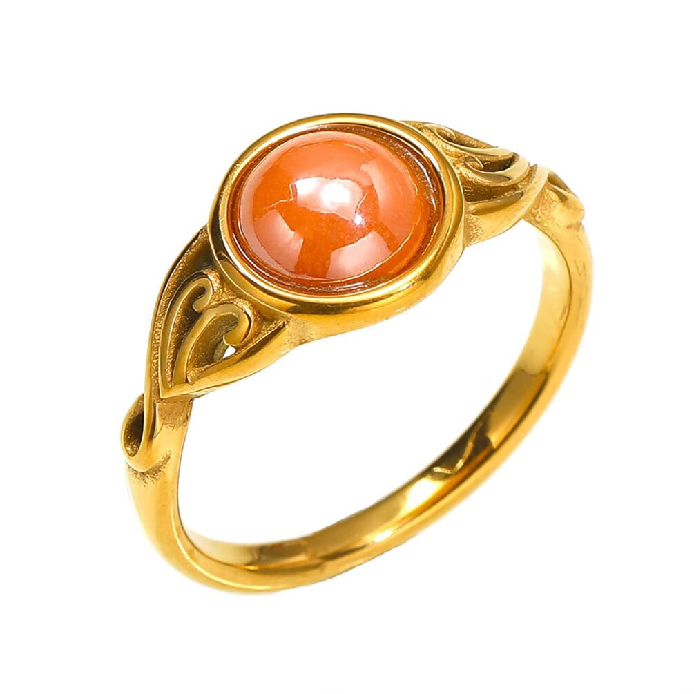 PAURO Gemstone Rings for Women Cute Vintage Stainless Steel Silver Gold Plated Circle Personalized Statement Dainty Unique Orange Green Colorful Jewelry Gold Orange Size 8