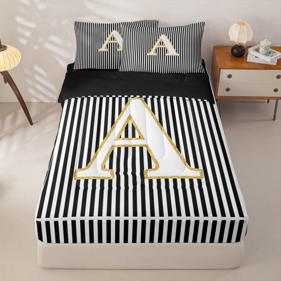 Homewish Modern Monogrammed C Zipper Full Size Comforter Sets with Fitted Sheet and 2 Pillowcases, Black Lines Zipper Bedding Set, Kids Girls, Black Reversible, 4-Piece