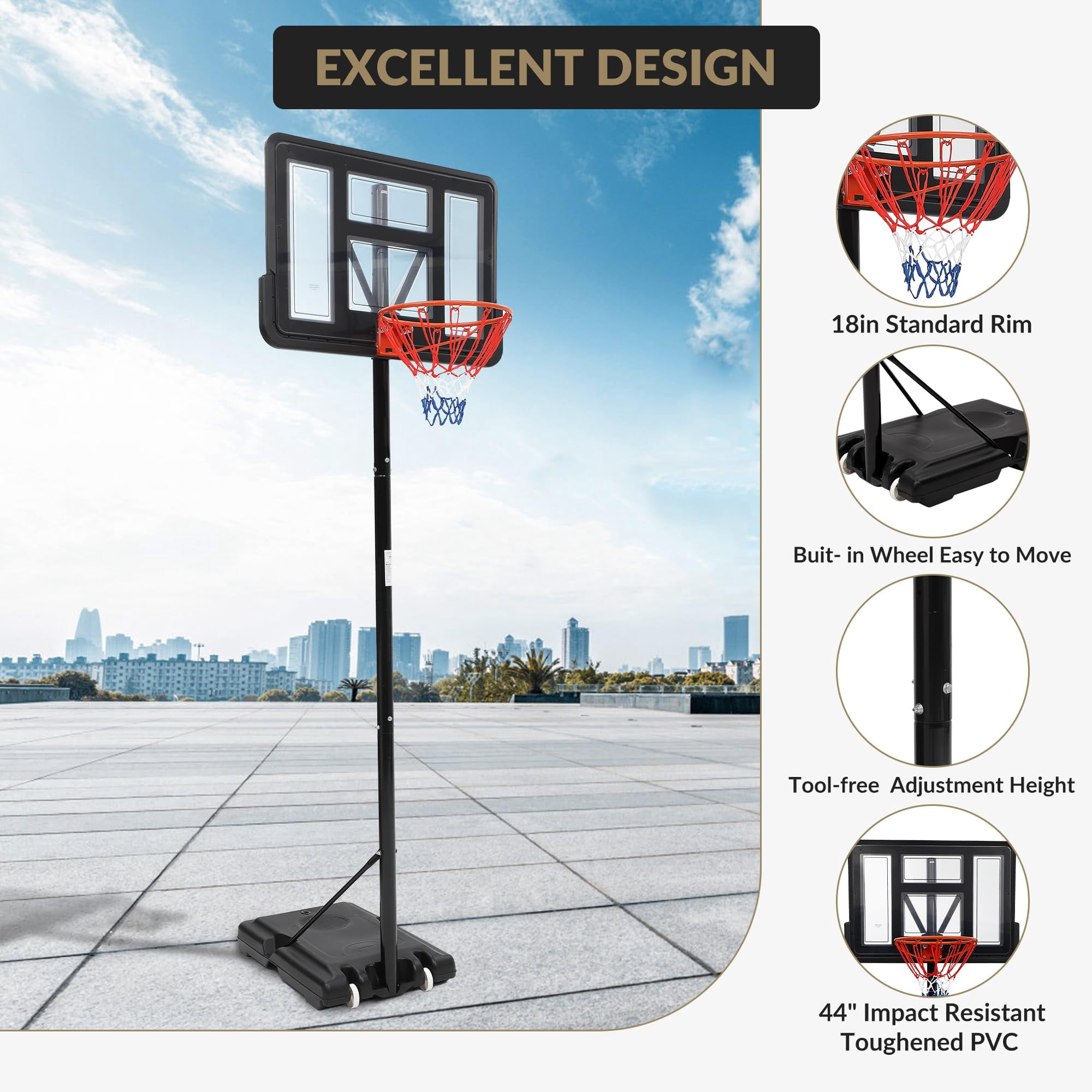 Luku Portable Basketball Hoop Outdoor, 5.2-10FT Height Adjustable Basketball Hoop Goal System with 44" Backboard and Wheels for Youth Adults - Backyard, Indoor Play