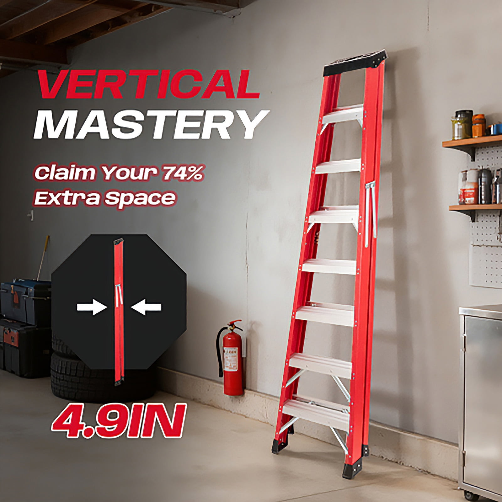 5-Step Foldable Step Ladder Stool with anti slip wide pedals, lightweight and easy to carry handle folding ladder, multi-purpose steel ladder for Kitchen, Household, 330LBS