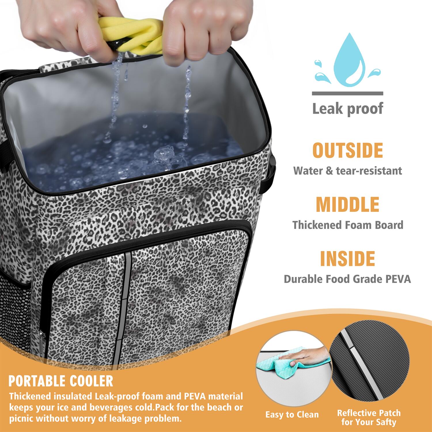 Travel Cooler Bag - Black and Tan Leopard Print Camping Beer Cooler Backpack with Bottle Opener- Waterproof Insulated Picnic Backpacks - Cooler Bag for Beach