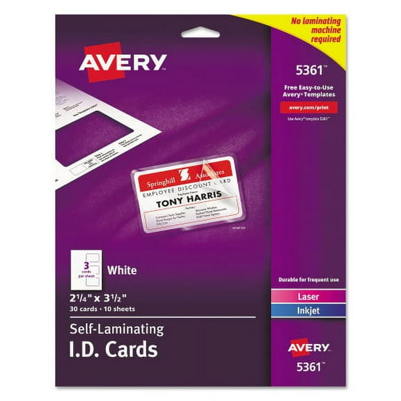 Avery Laminated Laser/Inkjet ID Cards, 2 1/4 x 3 1/2, White, 30/Box, Each