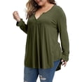 thumbnail image 3 of Camisa de mujer Botón plisado Blusa suelta Camiseta de manga larga Top, Verde militar, XXL Speravity AP000668-07, 3 of 7
