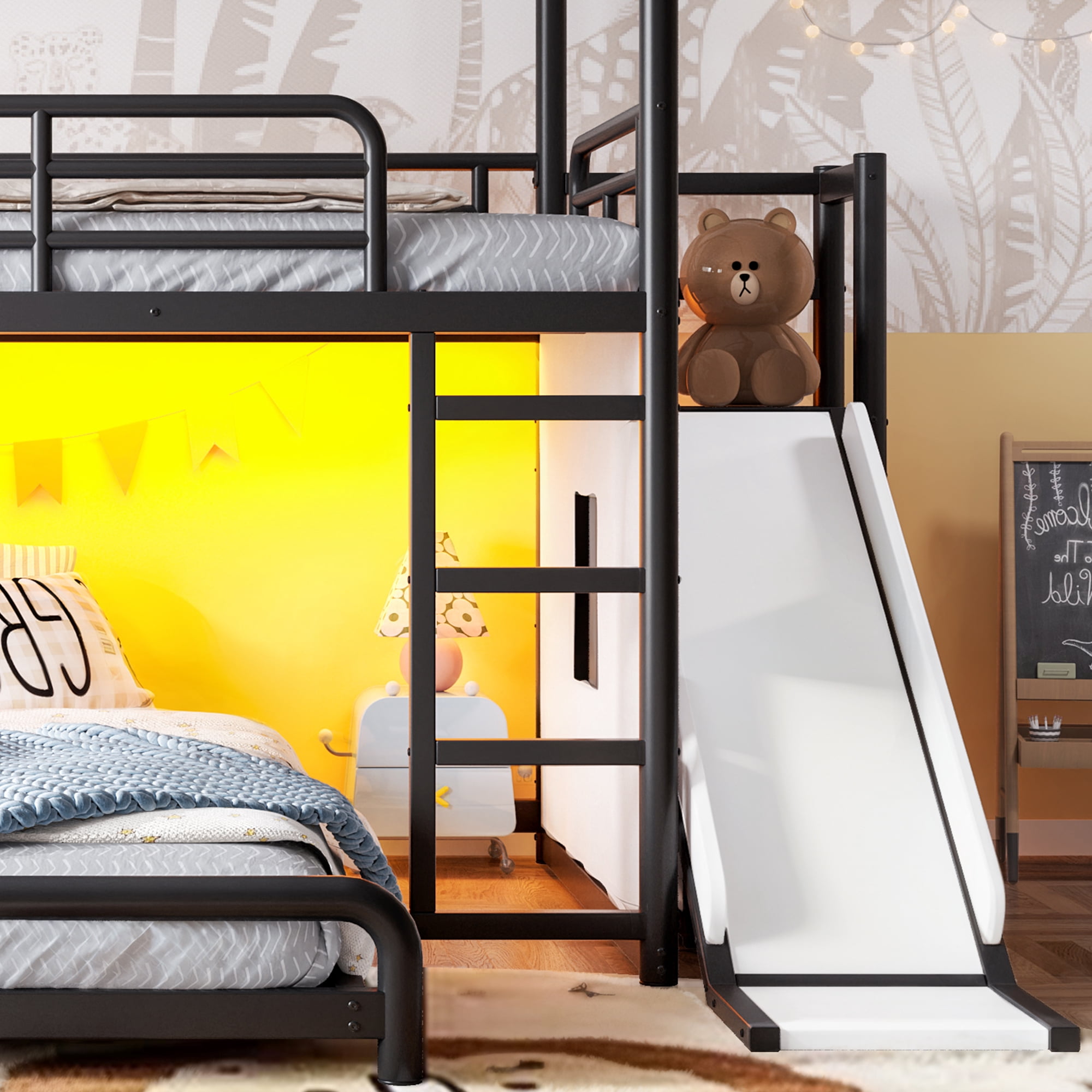 HOQBN Metal Bunk Bed Full over Full,Playhouse Bunk Bed Frame with Slide & Ladder,LED Light Strip, Privacy Curtain, Movable Storage Cabinet and Hanging Rod,Black