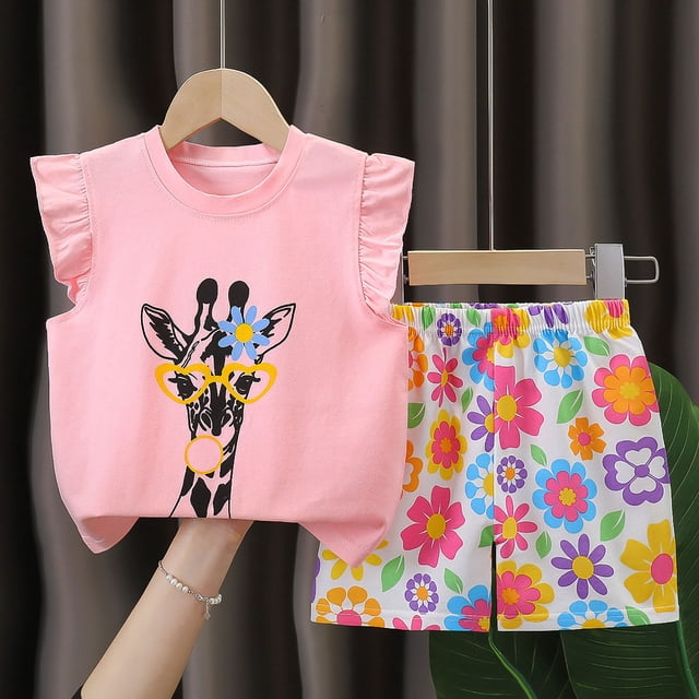 Girls Comfortable And Breathable Set Cute Cartoon Printed Flying Sleeve Top Shorts Two Piece Set