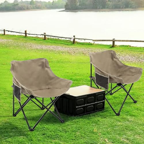 Folding Camping Chairs Set of 2 Outdoor Portable Lawn Chairs with Carrying Bag Outside Foldable Backpacking Sports Beach Chair Khaki
