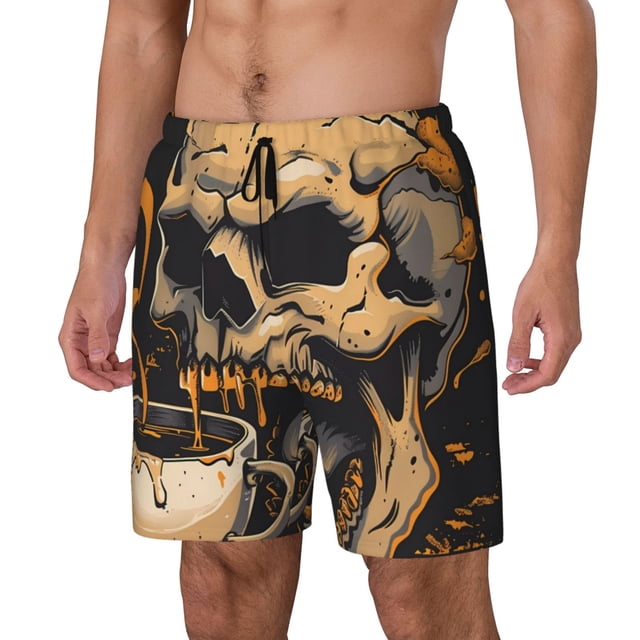 Balery Grim Coffee Skull Bañador para hombre, shorts de playa de secado rápido con entrepierna y forro de compresión-Small