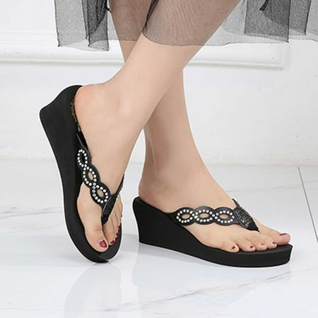 

AXXD Black Spring Sandals for Women 2024 Comfort Flip Flop Wedge Summer Beach Rhinestone Mothers Day