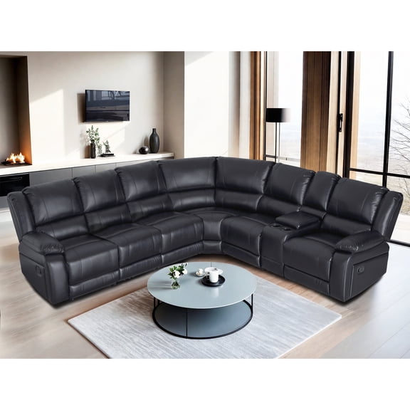 Ellesophas 6-Seat PU Leather Reclining Sectional Sofa Set with Footrest, Storage Console & 2 Cup Holders, Perfect for Living Room & Home Theater, Black