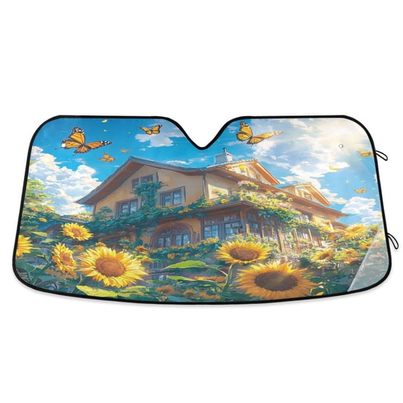 Windshield Sun Shade for Cars, 55"x27.6" Foldable Car Sun Shade with Aluminum Foil Bubble Heat Insulation, UV Protection for Sedan/SUV/Truck,A House