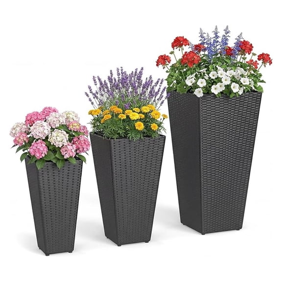 3-Piece Wicker Plant Pots, 18.5", 22", 30" Tall Tapered PP Rattan Plant Box w/Plastic Flower Pots, Metal Frame & Adjustable Foot Pads, Outdoor Decorative Planters for Porch, Patio, Garden