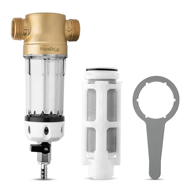 PDR-50WSP Filtro de Sedimentos Giratorio, Filtro de Agua de Sedimentos Reutilizable para Toda la Casa para Agua de Pozo, Sistema de Filtración de 50 Micras con Raspador, 1" MNPT + 3/4" FNPT