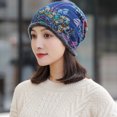 thumbnail image 4 of Autumn Winter Cap Soft Fashion Neck Warm Warmer Print Flower Beanie Velvet Bonnet Women Hat Bib Hats NAVY BLUE, 4 of 8