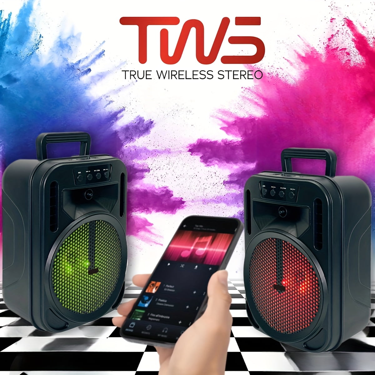 2PC 4000W Bluetooth Wireless Speaker with 6.5" Woofer, Heavy Bass, LED Party Lights, Rechargeable PA System with Handle, TWS/USB/TF/AUX/FM for Indoor & Outdoor , Camping & Home Parties