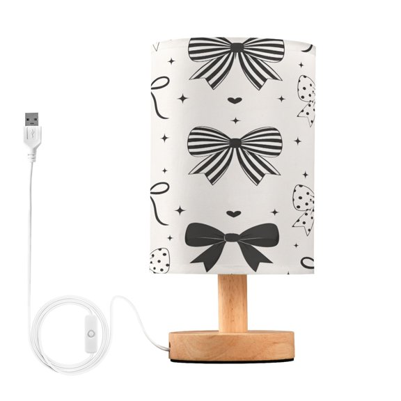 Black White Bows Stars Table Lamp, Fully Dimmable Nightstand Lamp with USB and Linen Fabric Shade, Modern Gifts for Bedroom, Living Room, Office