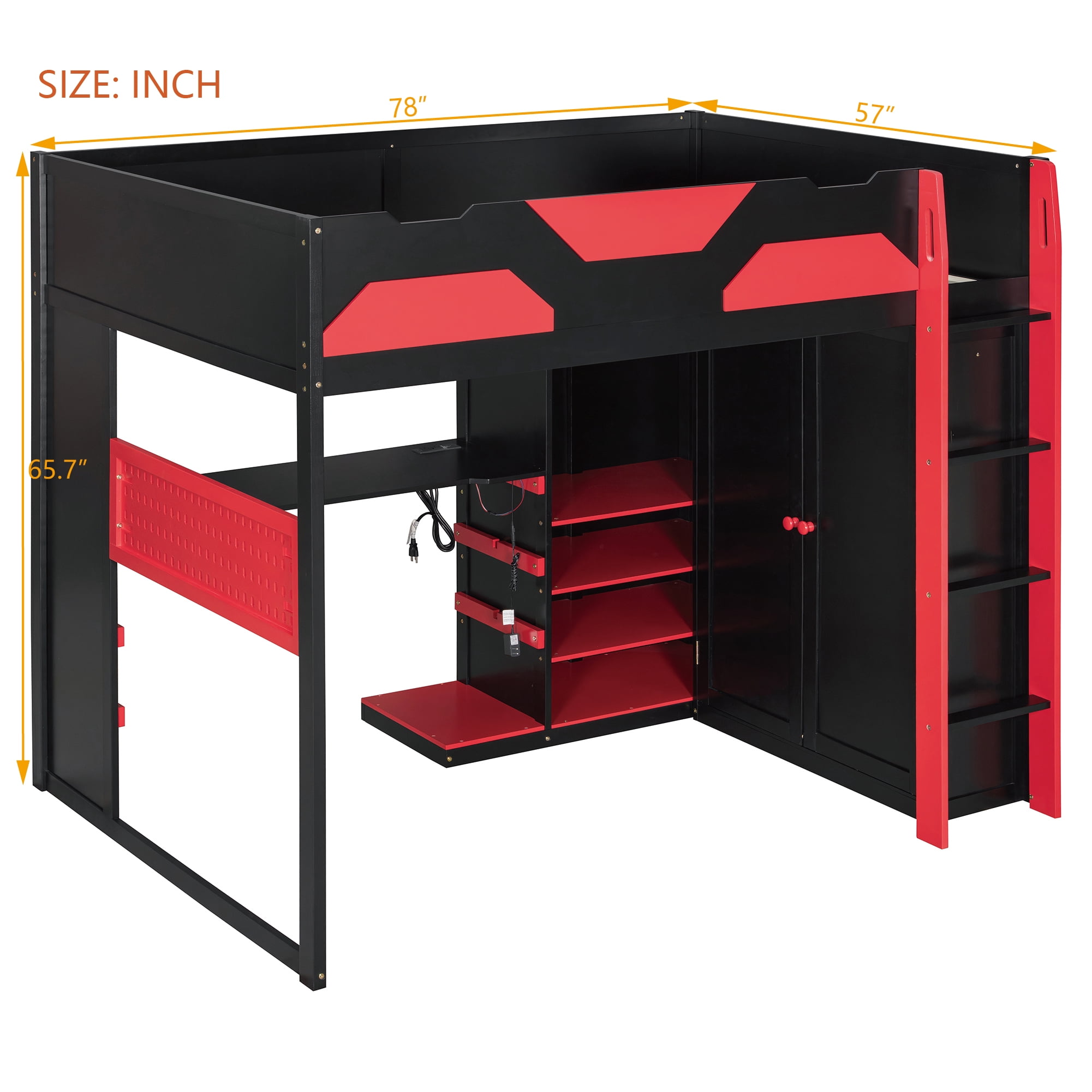 Mintazer Full Gaming Loft Bed with Adjustable Desk & Wardrobe, Modern Design with RGB Lights & Storage Pegboard, Black & Red