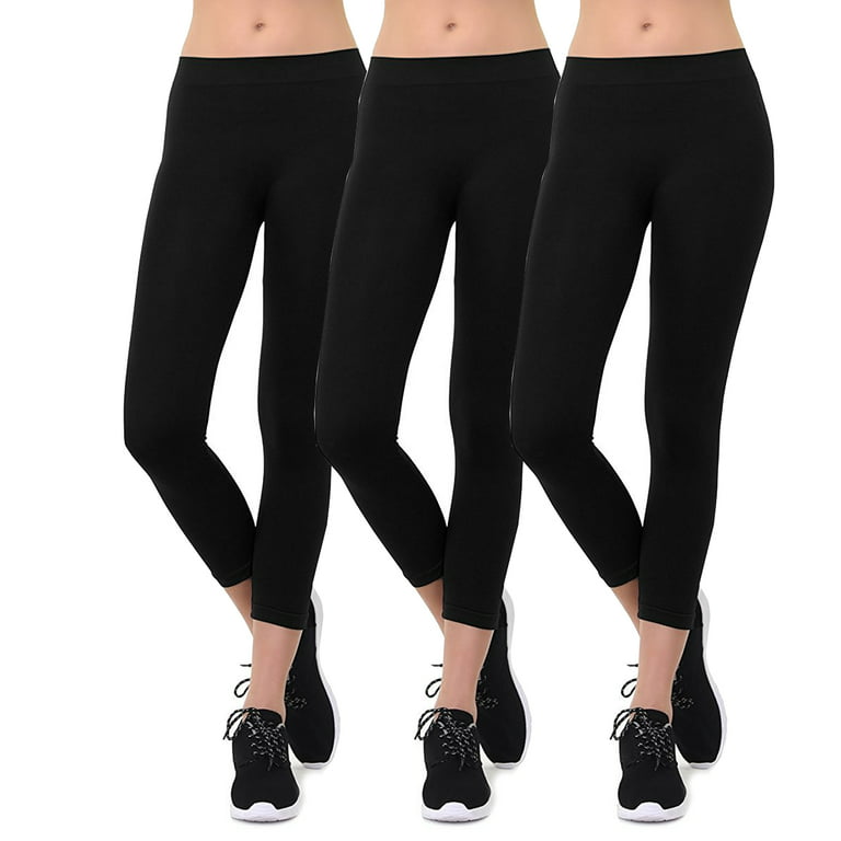 Women's Seamless Nylon Workout Active Solid Plain Capri One Size Leggings  (Black 3Packs)