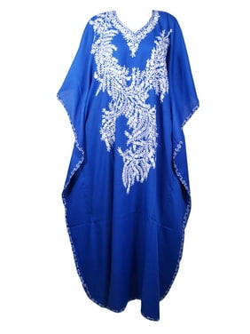 Mogul Women Blue Kaftan Maxi Dress Boho Loose Floral Embroidered Kimono Sleeves Resort Wear Cover Up Housedress 4XL