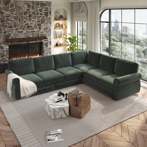 118" L-Shaped Sectional Sleeper Sofa with King Size Pull-Out Bed, Chenille Upholstered, Nailhead Trim & Rolled Arms, Green