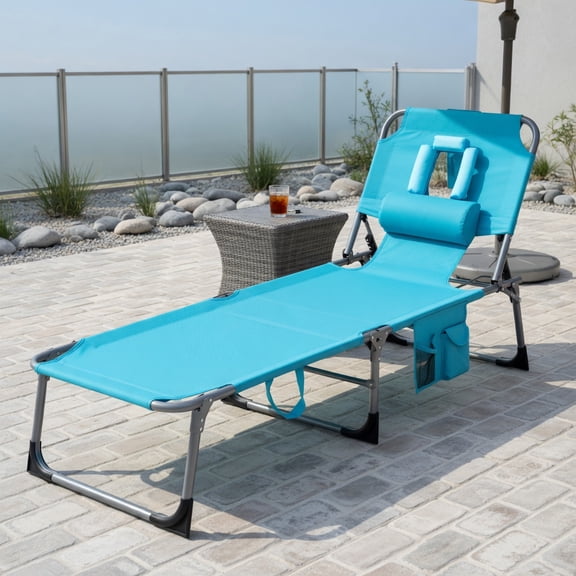 Topcobe Folding Beach Lounge Chair with Pillow for Outdoor, Outdoor Patio Lounge Chairs-Turquoise