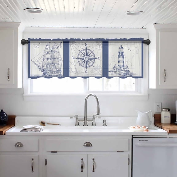 Nautical Navy Valance Curtains for Kitchen/Living Room/Bathroom/Bedroom Window, Blue Lighthouse Boat Compass Ocean Rod Pocket Small Topper Half Short Window Curtains Voile Sheer Scarf 54"x18"