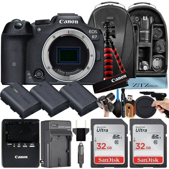 Canon EOS R7 Mirrorless Camera (Body Only) with 2 Pack 32GB SanDisk Memory Card   3 Pieces Battery   Backpack   Tripod   ZeeTech Accessory Bundle