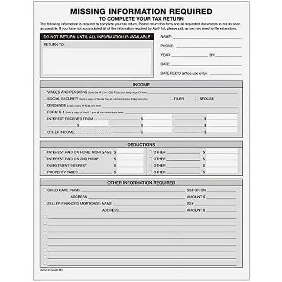 Missing Information Form with Checklists, 50/Pk