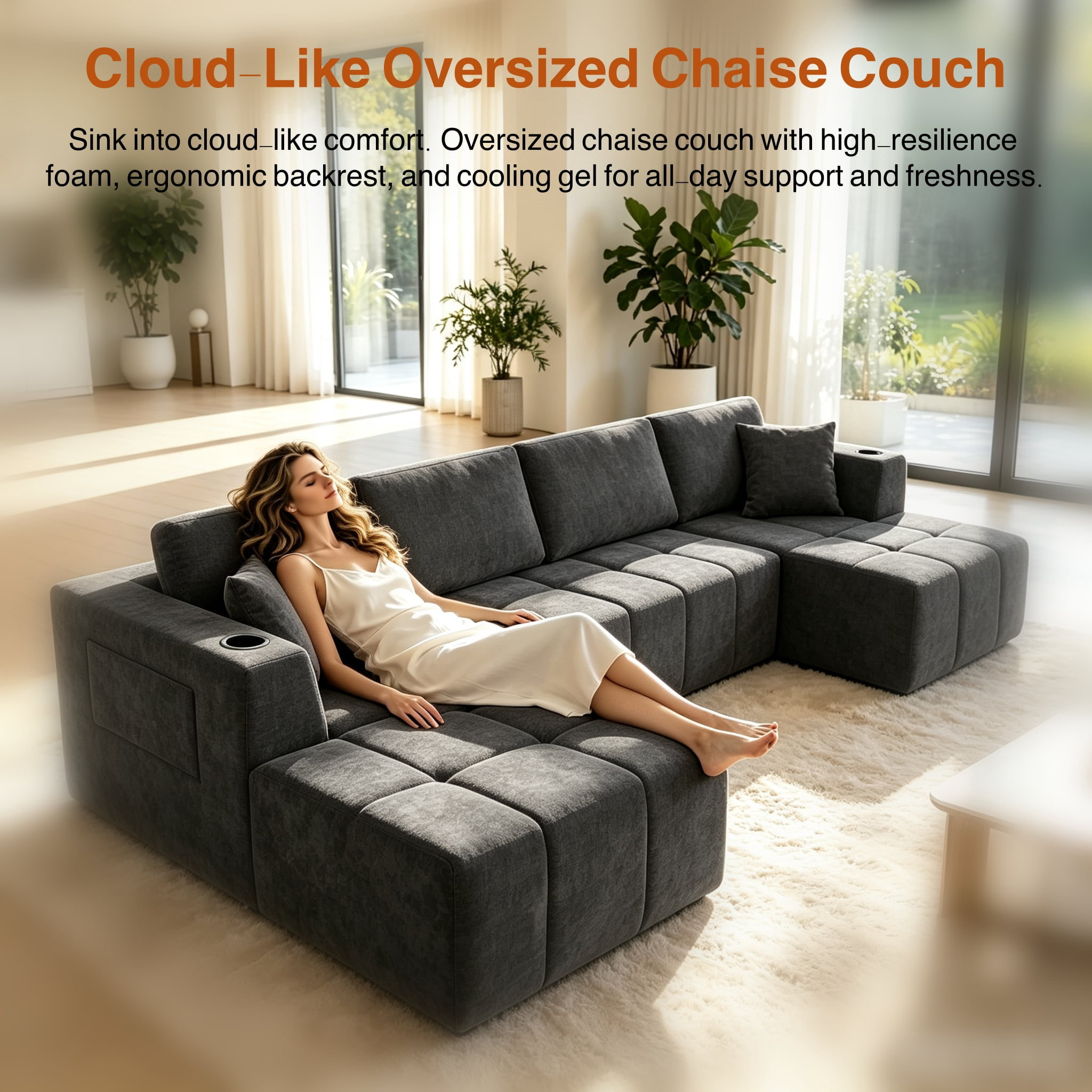 ShiKeyi 132.5" Modern U-Shaped Modular Sectional Sofa with Double Chaise, Premium Chenille Fabric Cloud Couch Set with Cup Holders & Storage Pockets for Living Room, Dark Gray