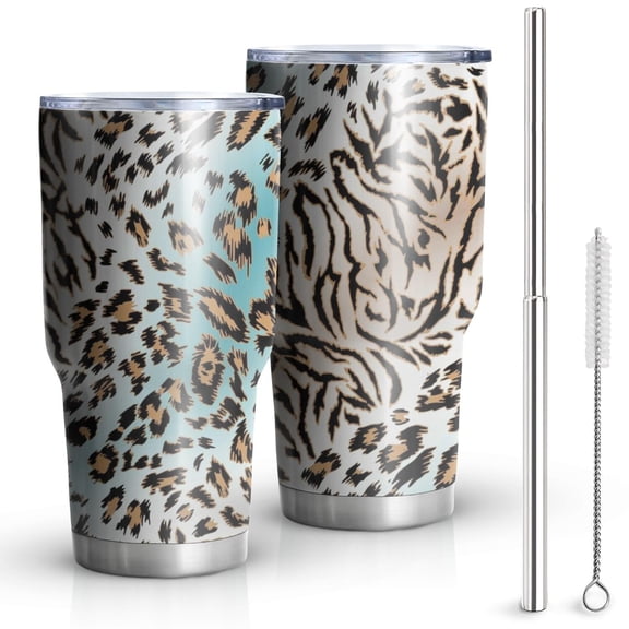 30oz Leopard and Tiger Pattern Tumblers Stainless Steel Tumbler with Lid and Straw,Vacuum Insulated Double Wall Travel Tumbler Cups Mug with Cleaning Brush for Coffee,Tea