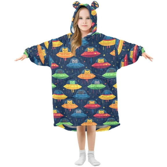 FORMRS Wearable Blanket Hoodie with Sleeves for Kids Cozy Flannel Sweatshirt, Rainbow Space Cat