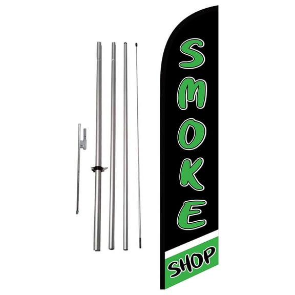 Smoke Shop Advertising Sign for Outdoors. Banner Swooper Flag Sign for Businesses. Includes 15 foot Flag Pole Kit and Ground Stake, Green, Black