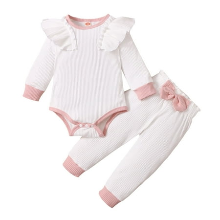 

Baby Girls Ruffles Long Sleeve Romper Bodysuit Bowknot Pants Outfits(Size:12-18 Months)