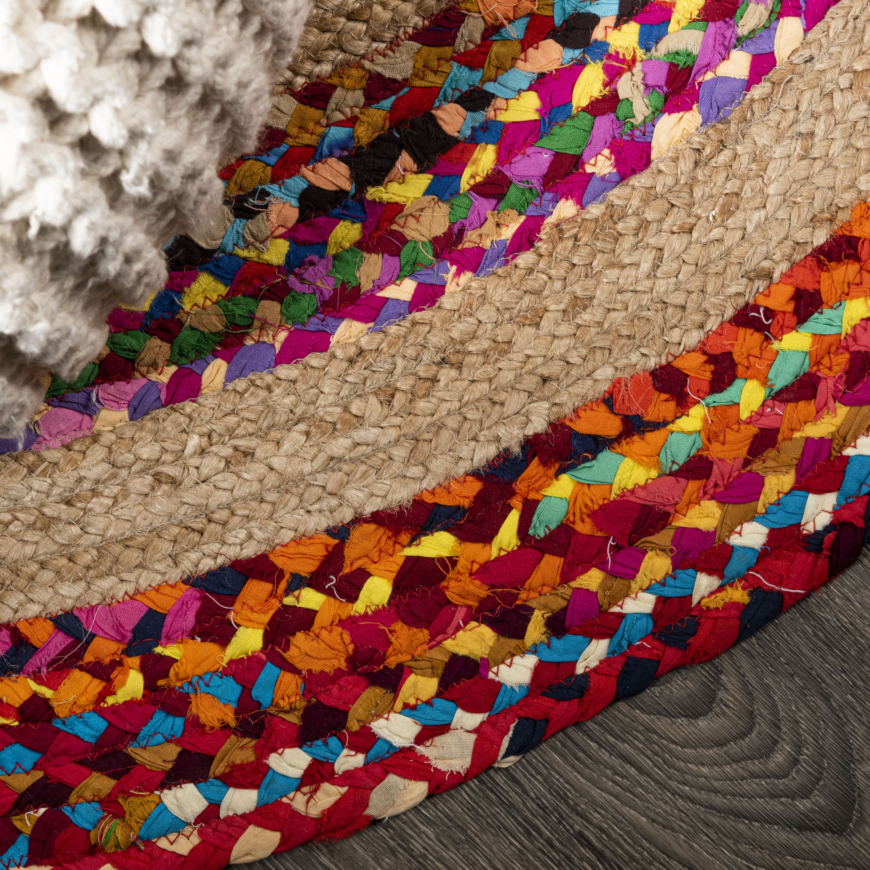 JONATHAN Y ANSA 8' Round Area Rug, Isla Boho Braided Rag & Jute - Multi/Natural, RNF105A-8R