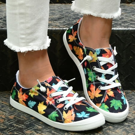 

Cathalem Ladies Maple Leaf Pattern Slip On Casual Shoes Low Top Shoes Soft Sole Massage Flat Fashion Shoes for Women Wedges Black 10