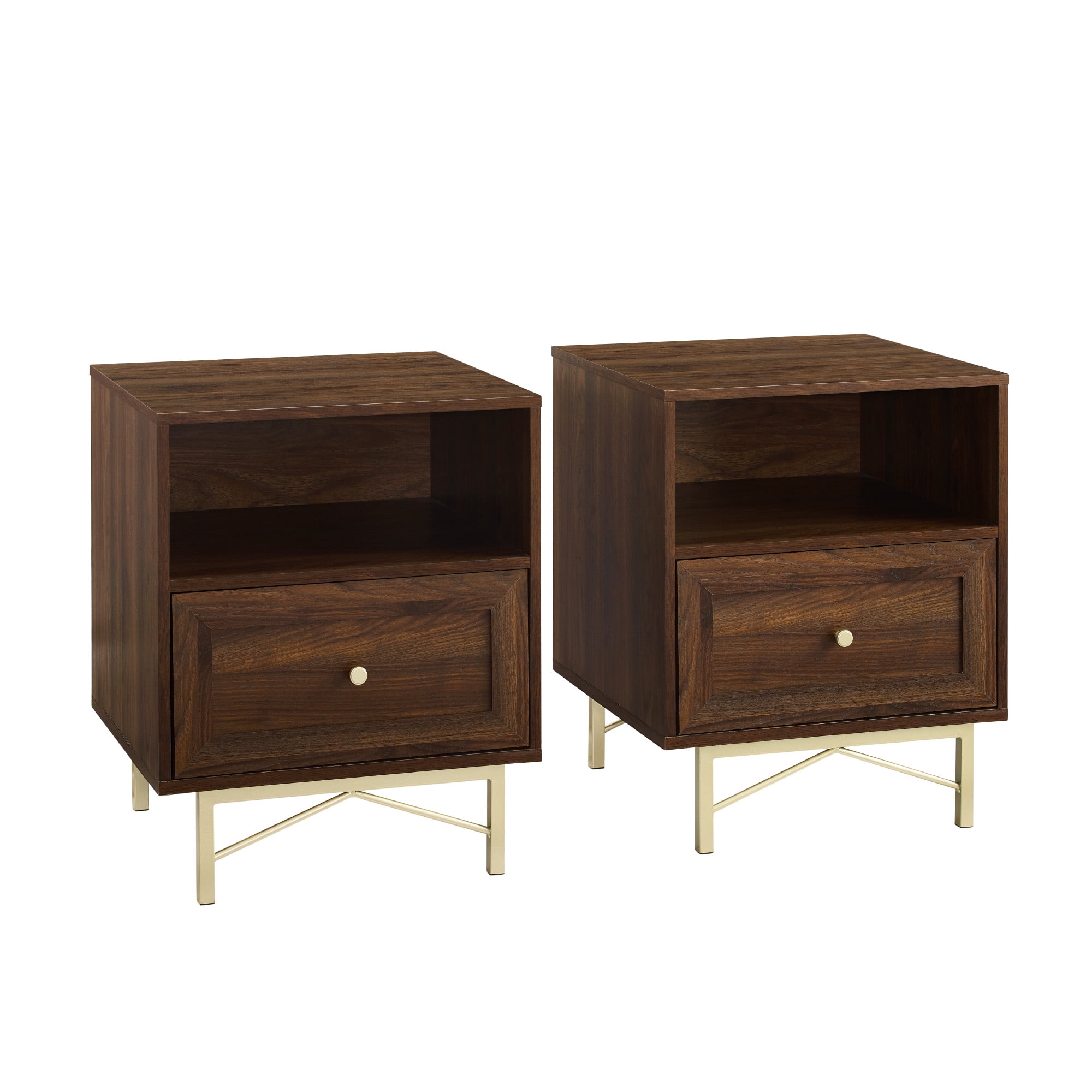 Walker Edison Modern Single Drawer Nightstand, Set of 2, Dark Walnut