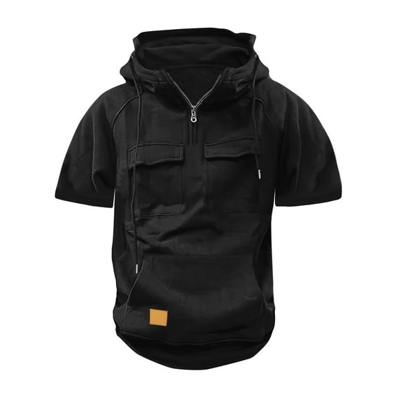 ZVNAΖH Men's Multi-Pocket Hoodies Quarter Zip Workwear Pullover Short Sleeve Hooded Sweatshirt for Sports Running Outdoor