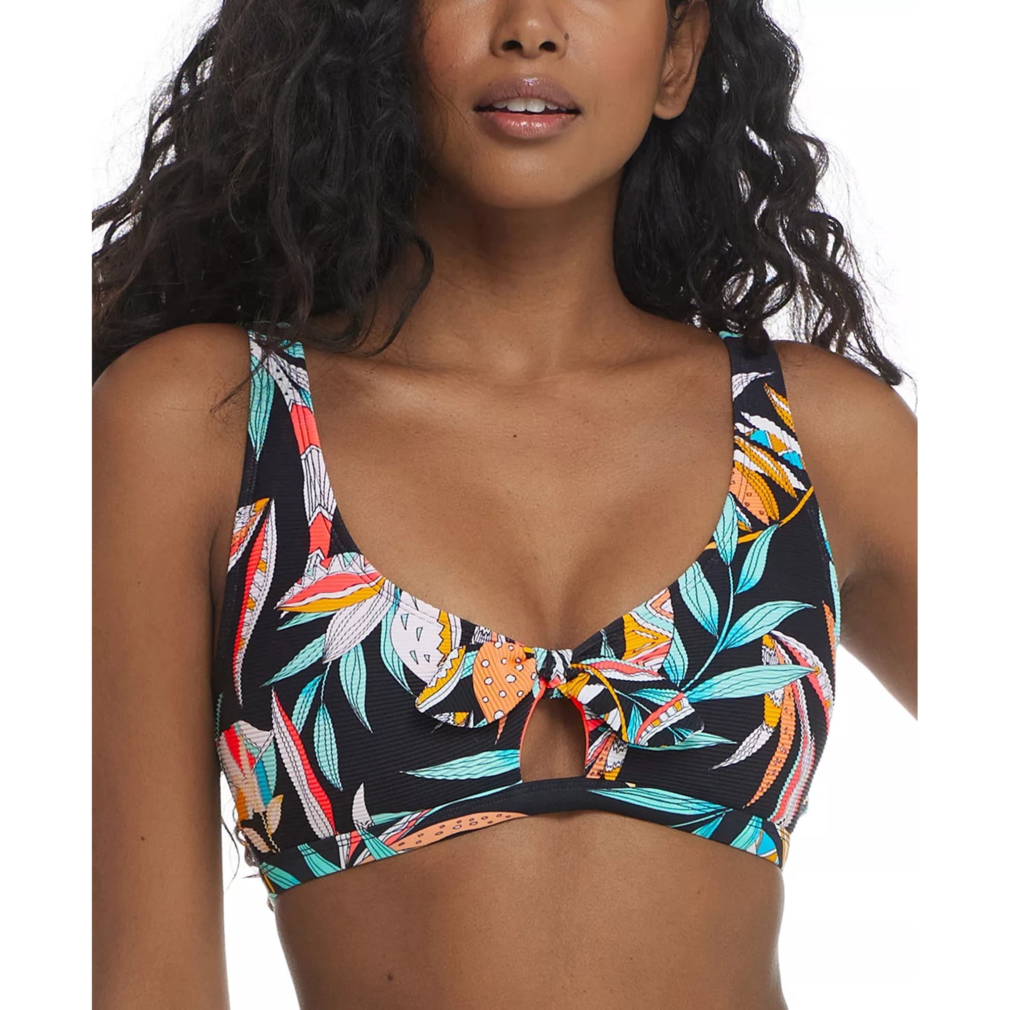 Body Glove BLACK MULTI Juniors' Tropical Leaf Printed Scoop Bikini Top, US Small