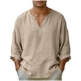 thumbnail image 2 of Men’s Linen Casual Shirt Long Sleeve V Neck Solid Cotton Beach Vacation Button Down Relaxed Top 60 Cotton 40 | Zenithor,Khaki L, 2 of 8