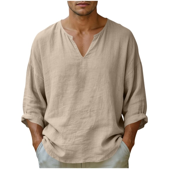 Guluxicc Linen Shirts for Men V Neck Long Sleeve Vacation Outfit Classic Fit Summer Casual Baach Shirts